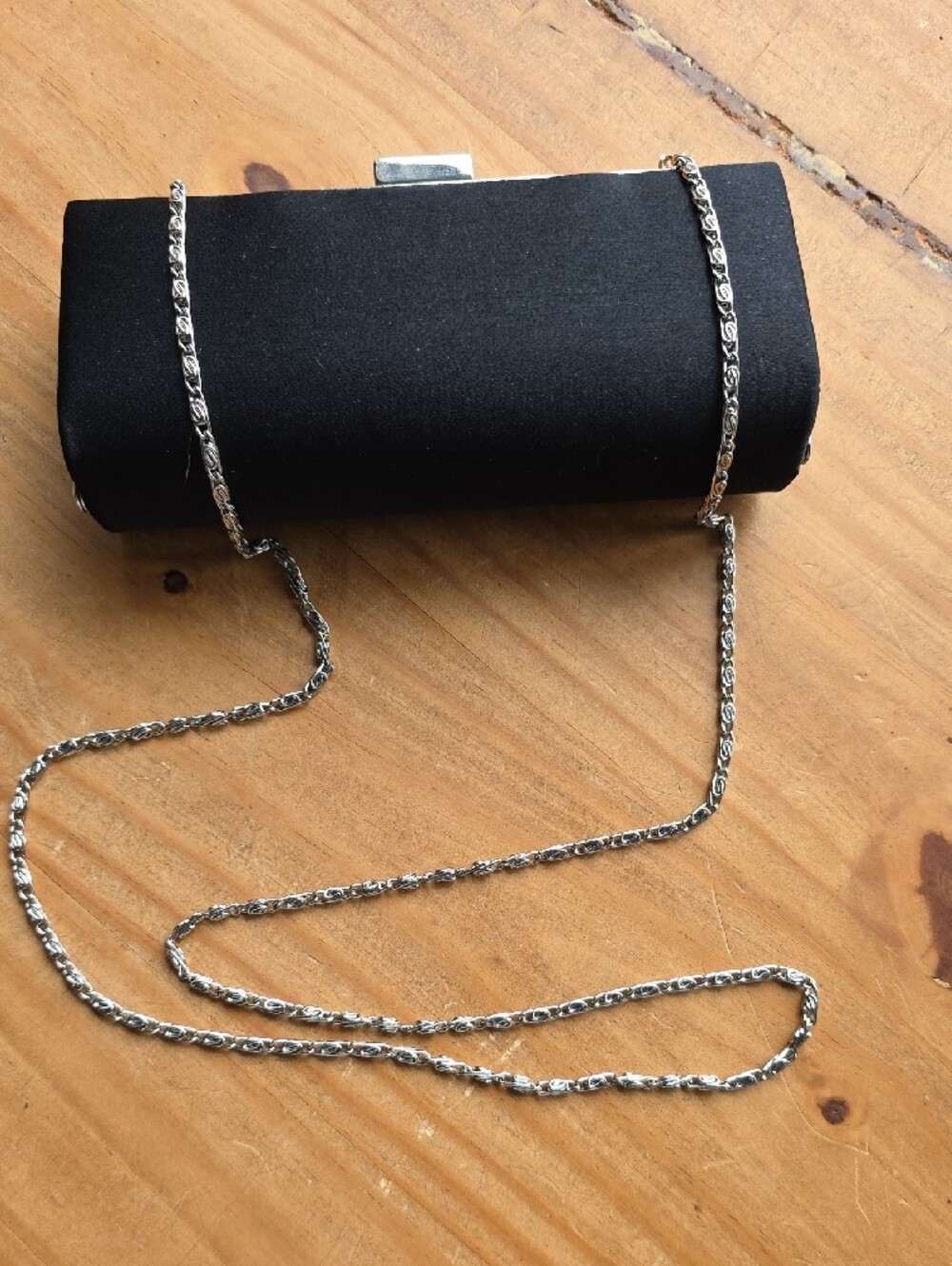 Vintage Bijoux Terner Black Satin Clutch Evening Bag Silver Chain Strap